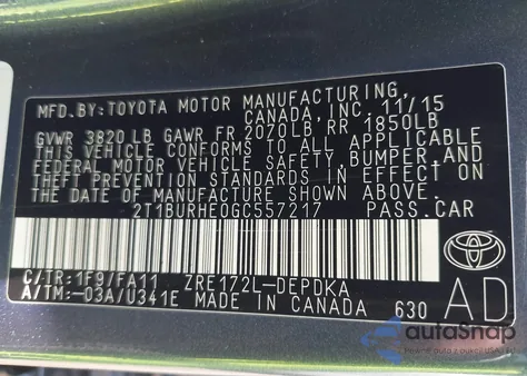 2016 Toyota Corolla L from USA, damaged, VIN 2T1BURHE0GC557217